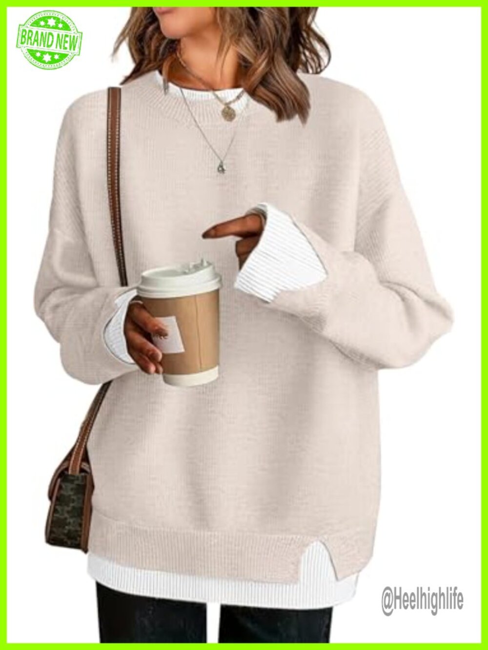 Oversized Crewneck Knit Pullover Sweater with Slit Hem